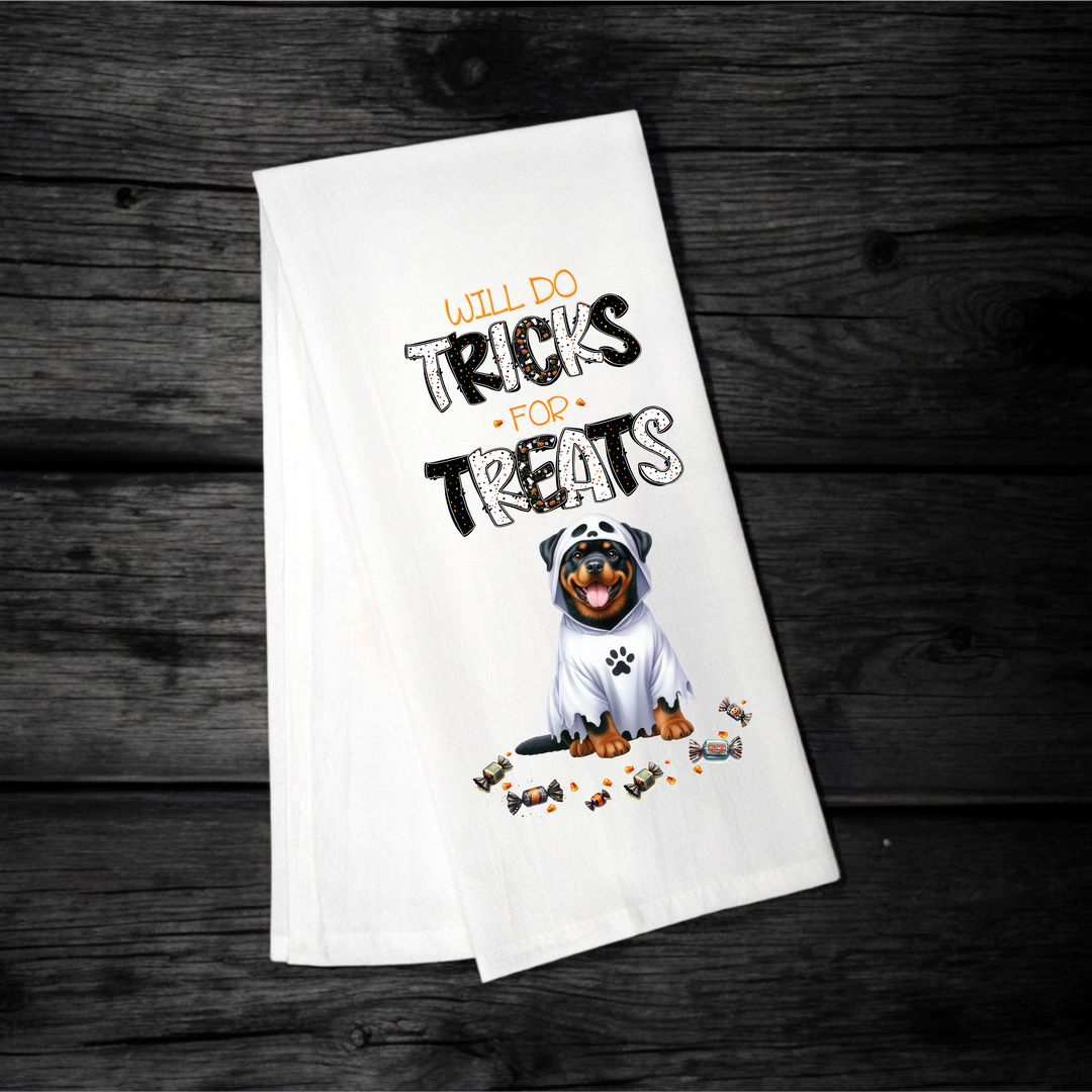 "Will Do Tricks for Treats" Halloween Towel with your Fav Dog Breed - Premium Kitchen Towel from Pat's Monograms - Just $12.95! Shop now at Pat's Monograms