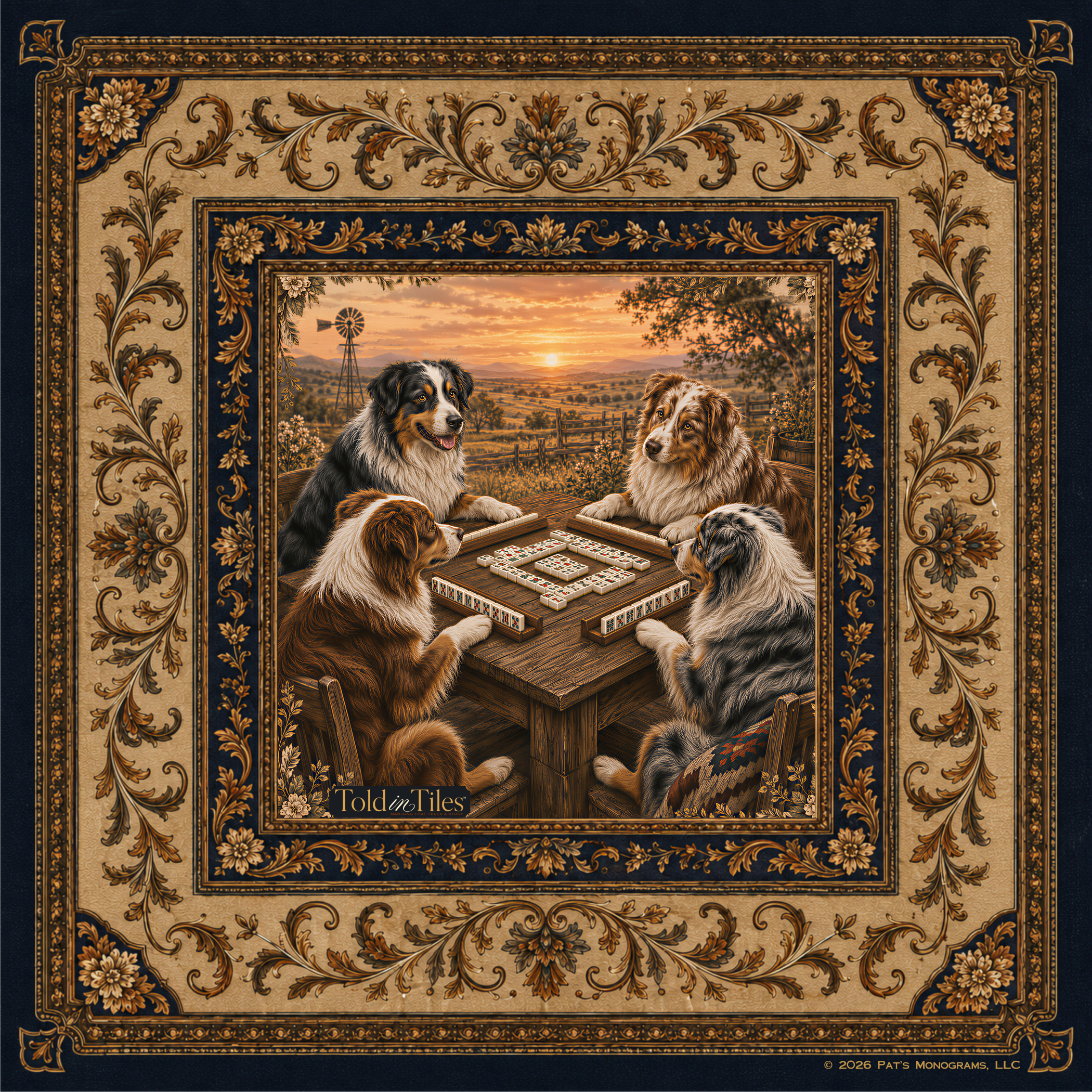 Sundown at The Table — Australian Shepherd Mahjong Mat | Paws & Tiles Collection - PREORDER - Premium Mahjong from Told in Tiles - Just $80! Shop now at Pat's Monograms