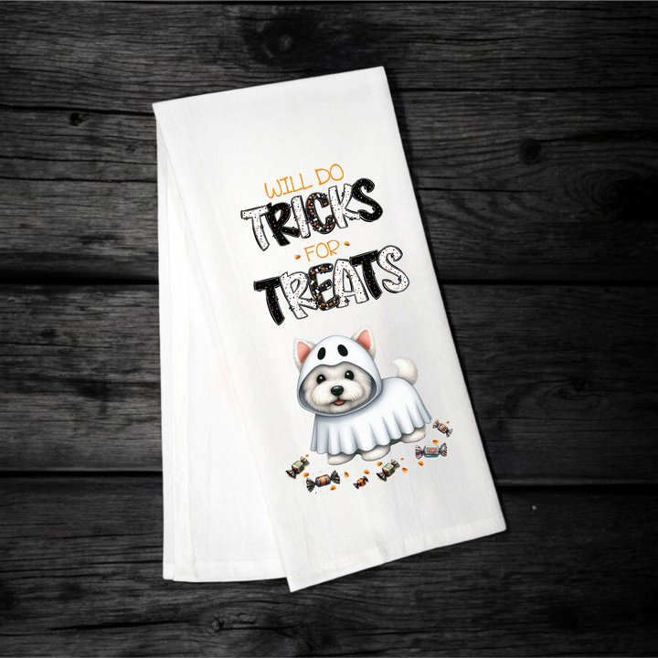 "Will Do Tricks for Treats" Halloween Towel with your Fav Dog Breed - Premium Kitchen Towel from Pat's Monograms - Just $12.95! Shop now at Pat's Monograms