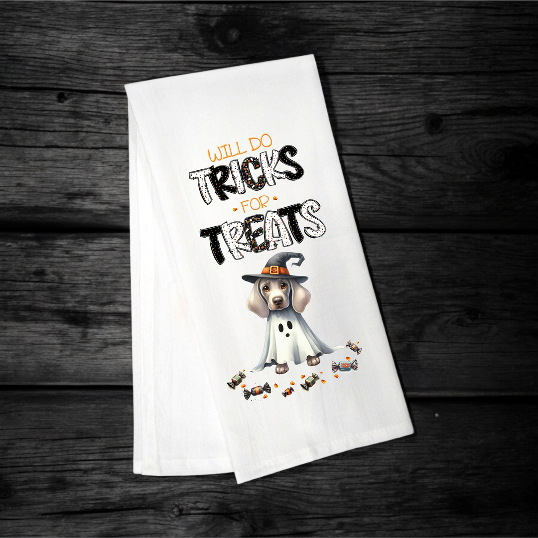 "Will Do Tricks for Treats" Halloween Towel with your Fav Dog Breed - Premium Kitchen Towel from Pat's Monograms - Just $12.95! Shop now at Pat's Monograms