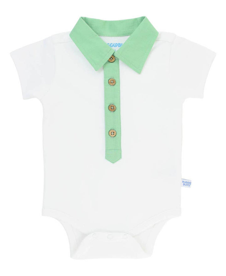 Baby Boys White Short Sleeve Placket Detail Knit Bodysuit - Premium Baby & Toddler Outfits from RuffleButts + RuggedButts - Just $26.95! Shop now at Pat's Monograms