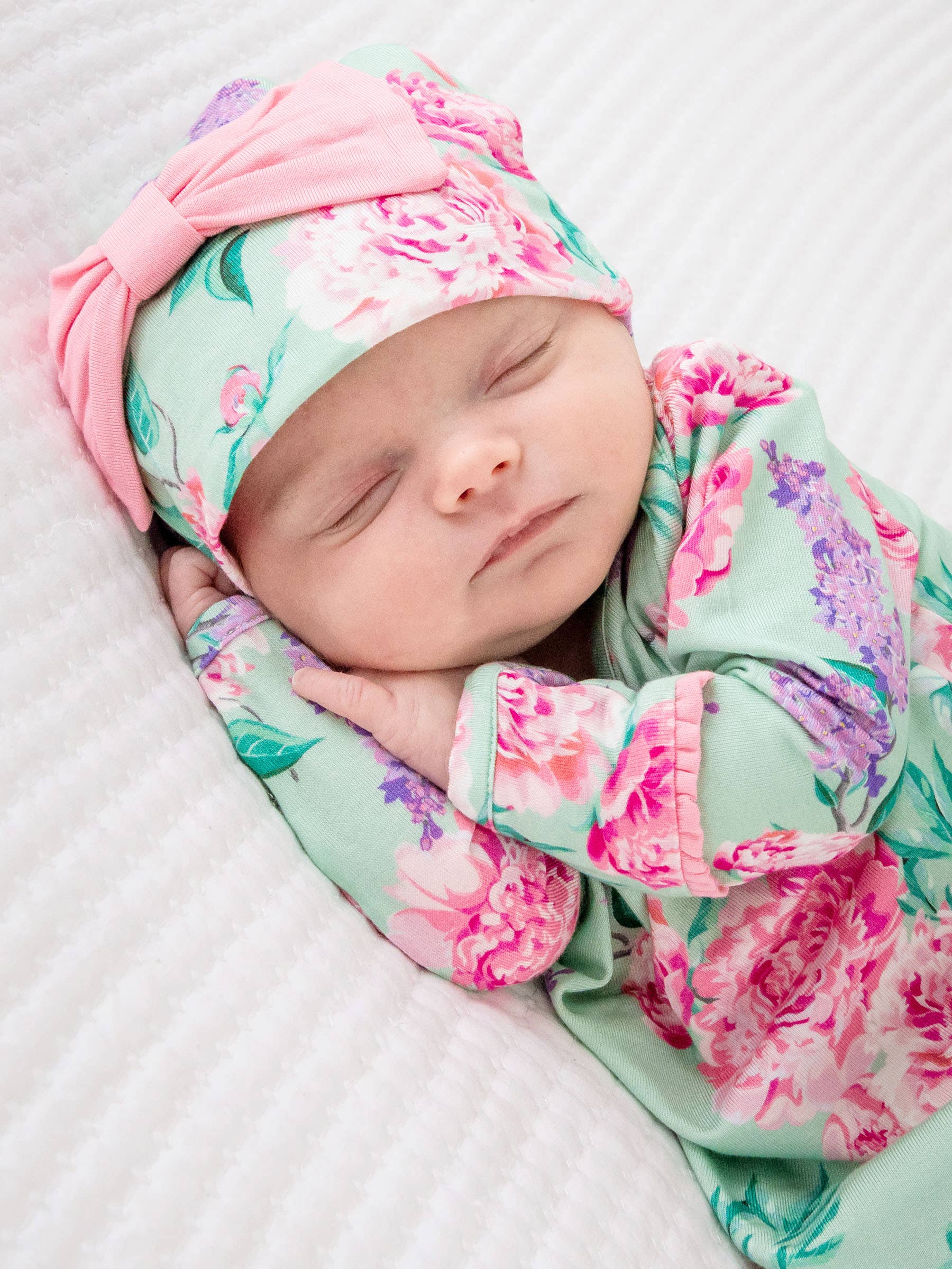 SoftSnooze™ Baby Girls Bamboo Viscose Sage Garden Ruffle Knotted Sleep Gown & Bow Hat Set - Premium Baby Sleepwear from RuffleButts + RuggedButts - Just $42.95! Shop now at Pat's Monograms