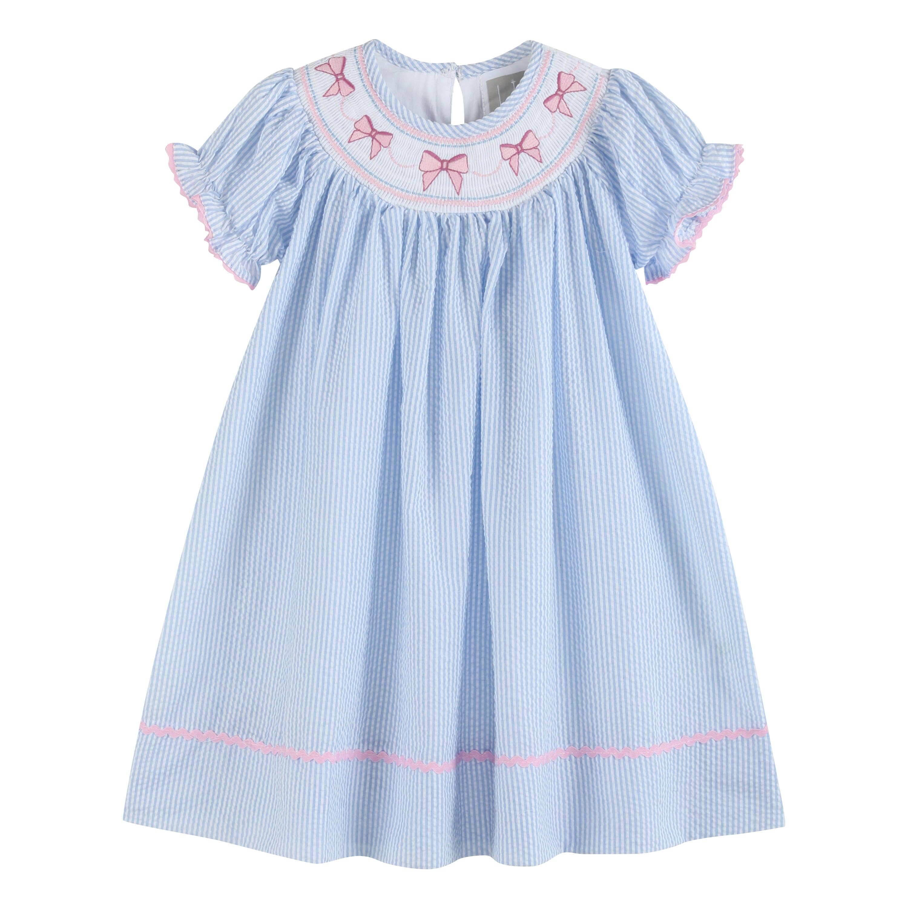 Blue Seersucker Bow Smocked Bishop Dress - Premium Baby & Toddler Dresses from Lil Cactus - Just $36.95! Shop now at Pat's Monograms