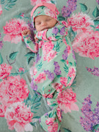 SoftSnooze™ Baby Girls Bamboo Viscose Sage Garden Ruffle Knotted Sleep Gown & Bow Hat Set - Premium Baby Sleepwear from RuffleButts + RuggedButts - Just $42.95! Shop now at Pat's Monograms