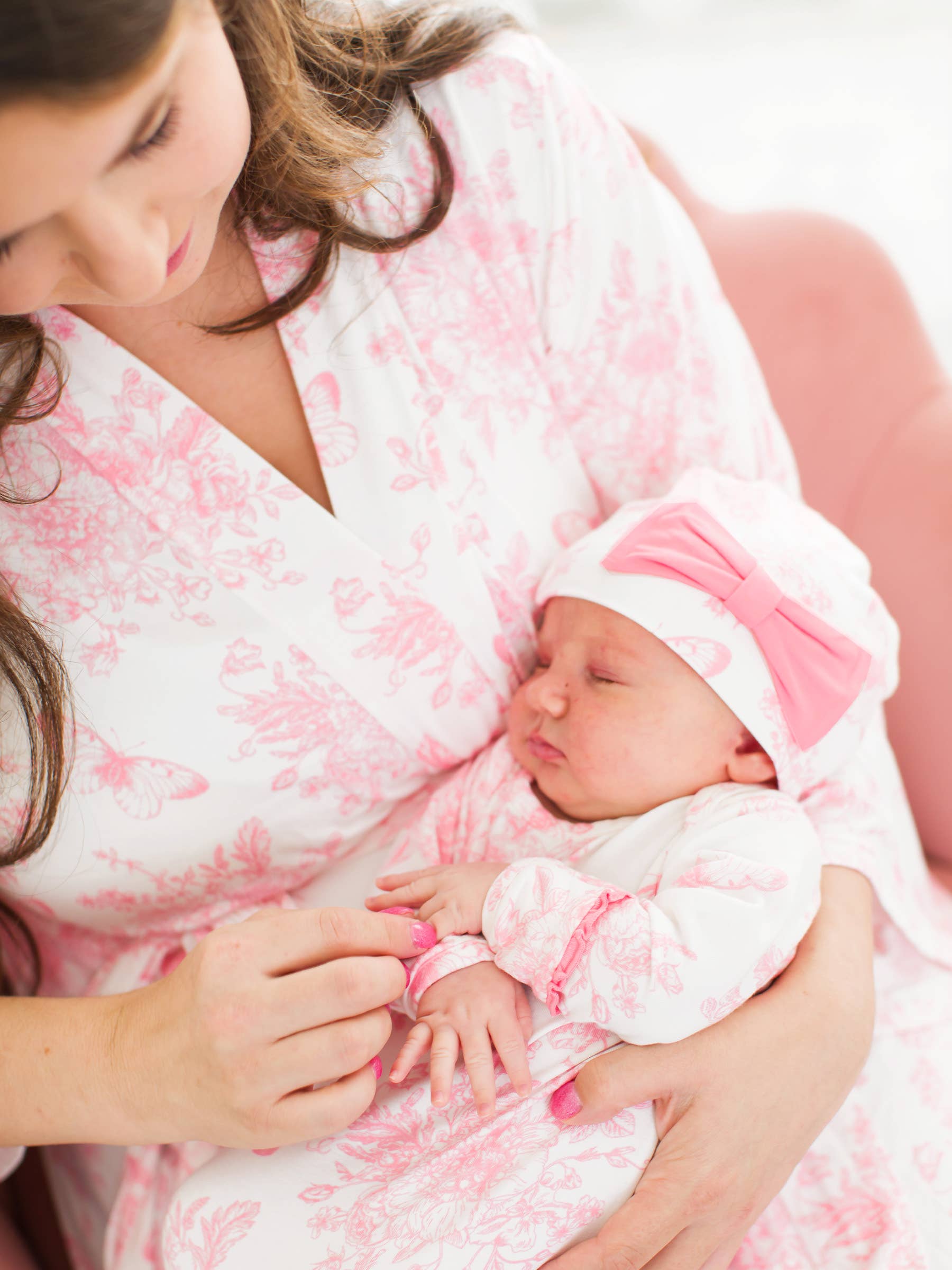 SoftSnooze™ Baby Girls Bamboo Viscose Pink Butterfly Garden Toile Ruffle Knotted Sleep Gown & Bow Hat Set - Premium Baby Sleepwear from RuffleButts + RuggedButts - Just $42.95! Shop now at Pat's Monograms
