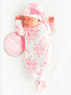 SoftSnooze™ Baby Girls Bamboo Viscose Pink Butterfly Garden Toile Ruffle Knotted Sleep Gown & Bow Hat Set - Premium Baby Sleepwear from RuffleButts + RuggedButts - Just $42.95! Shop now at Pat's Monograms