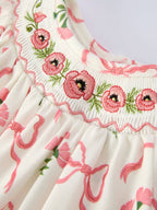 Spring Floral Smocking Embroidery Bow Baby Girls Romper - Premium Baby & Toddler Outfits from Rylee Faith Designs - Just $26.95! Shop now at Pat's Monograms