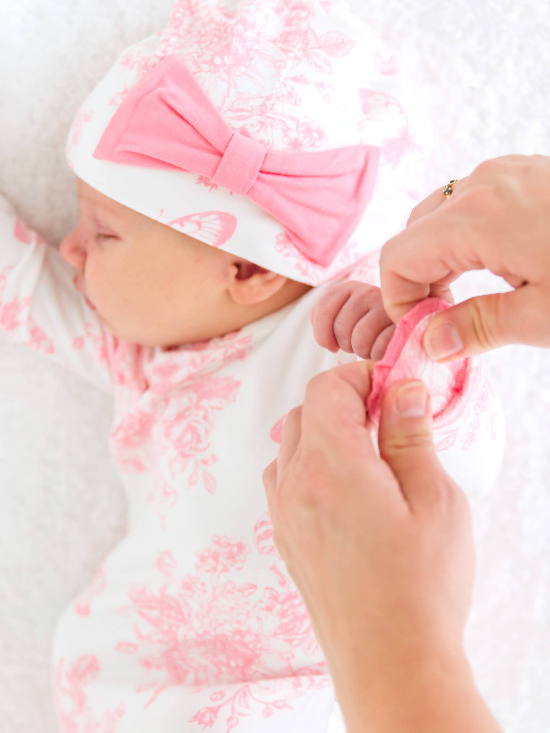 SoftSnooze™ Baby Girls Bamboo Viscose Pink Butterfly Garden Toile Ruffle Knotted Sleep Gown & Bow Hat Set - Premium Baby Sleepwear from RuffleButts + RuggedButts - Just $42.95! Shop now at Pat's Monograms