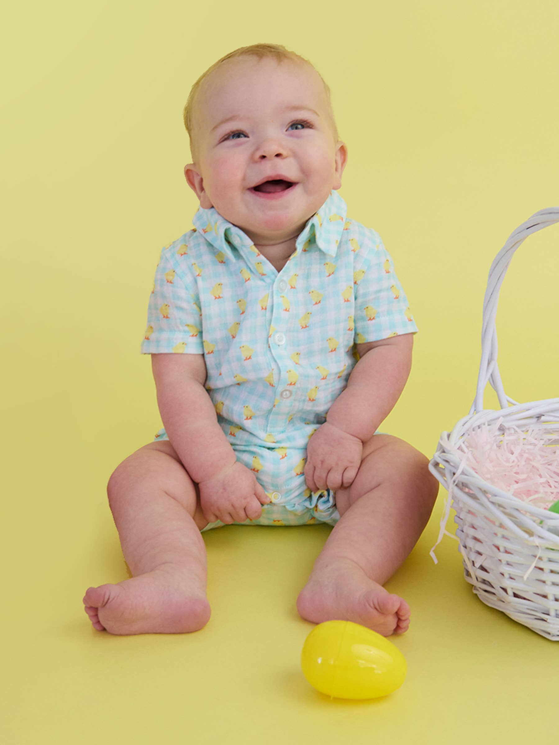 Baby Boys Chirping Chicks Gingham Cotton Gauze Button-Up Romper - Premium Baby & Toddler Outfits from RuffleButts + RuggedButts - Just $42.95! Shop now at Pat's Monograms