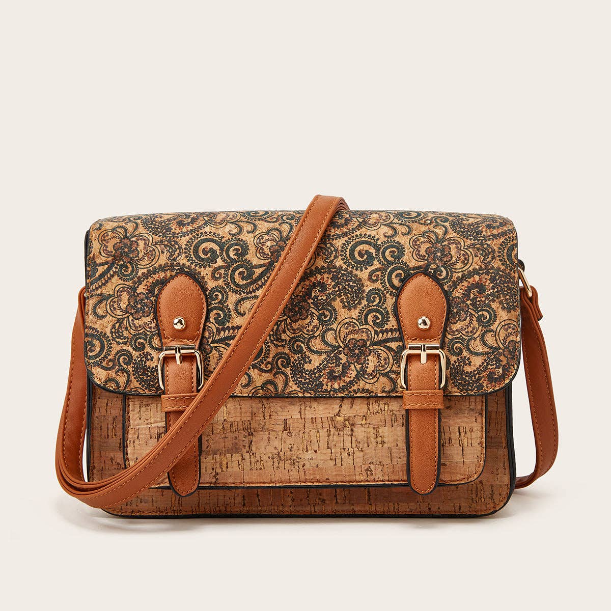 Big Capacity Vintage Floral Cork Messenger Bag