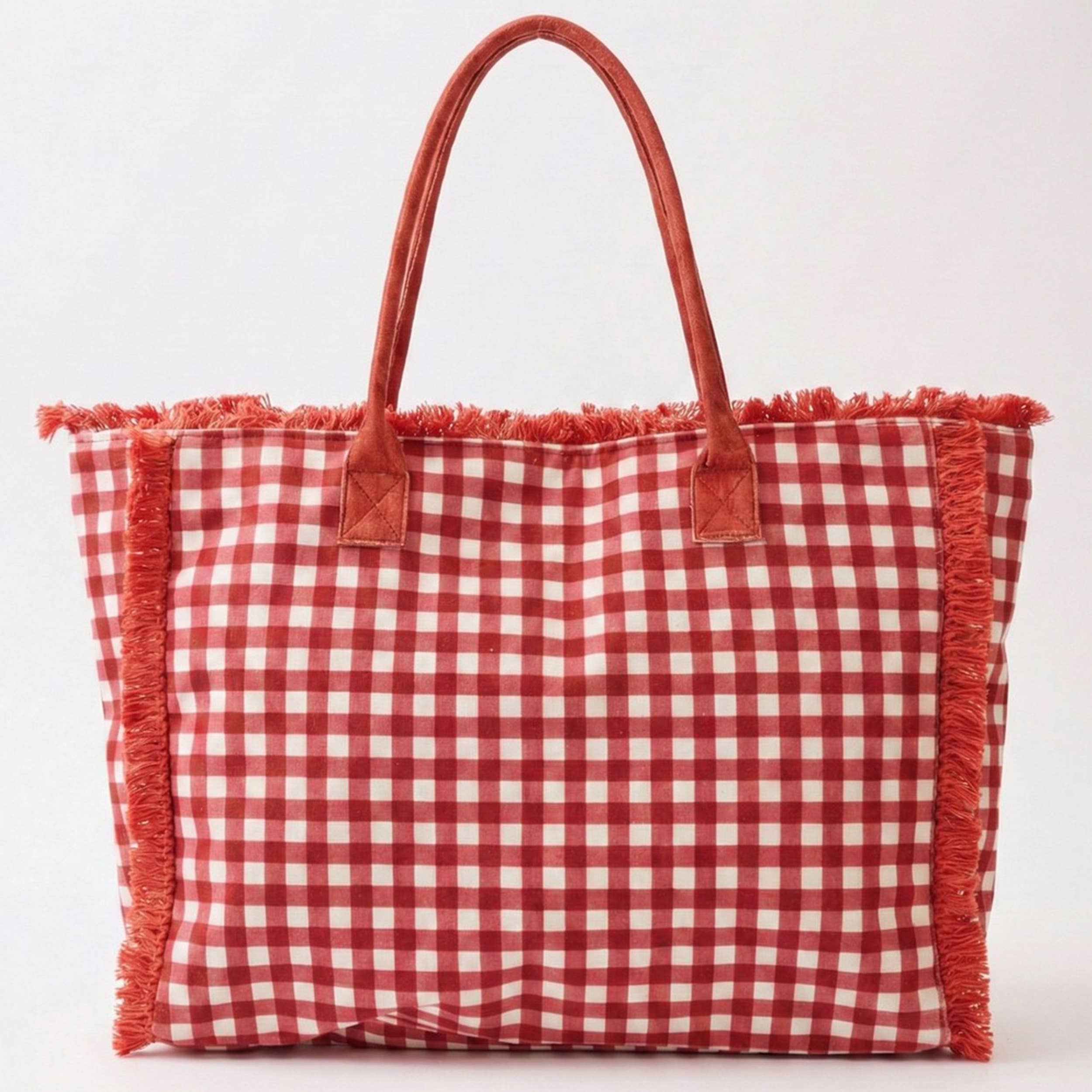 Gingham Check Frayed Trim Tote Bag - Premium tote bag from Hana - Just $22.95! Shop now at Pat's Monograms