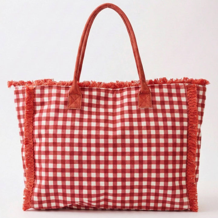 Gingham Check Frayed Trim Tote Bag - Premium tote bag from Hana - Just $22.95! Shop now at Pat's Monograms