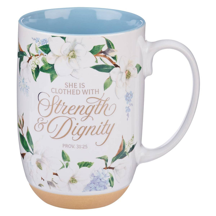 Mug Blue Floral Strength & Dignity Prov. 31:25 - Premium Christian Gift Items from Christian Art Gifts - Just $14.95! Shop now at Pat's Monograms