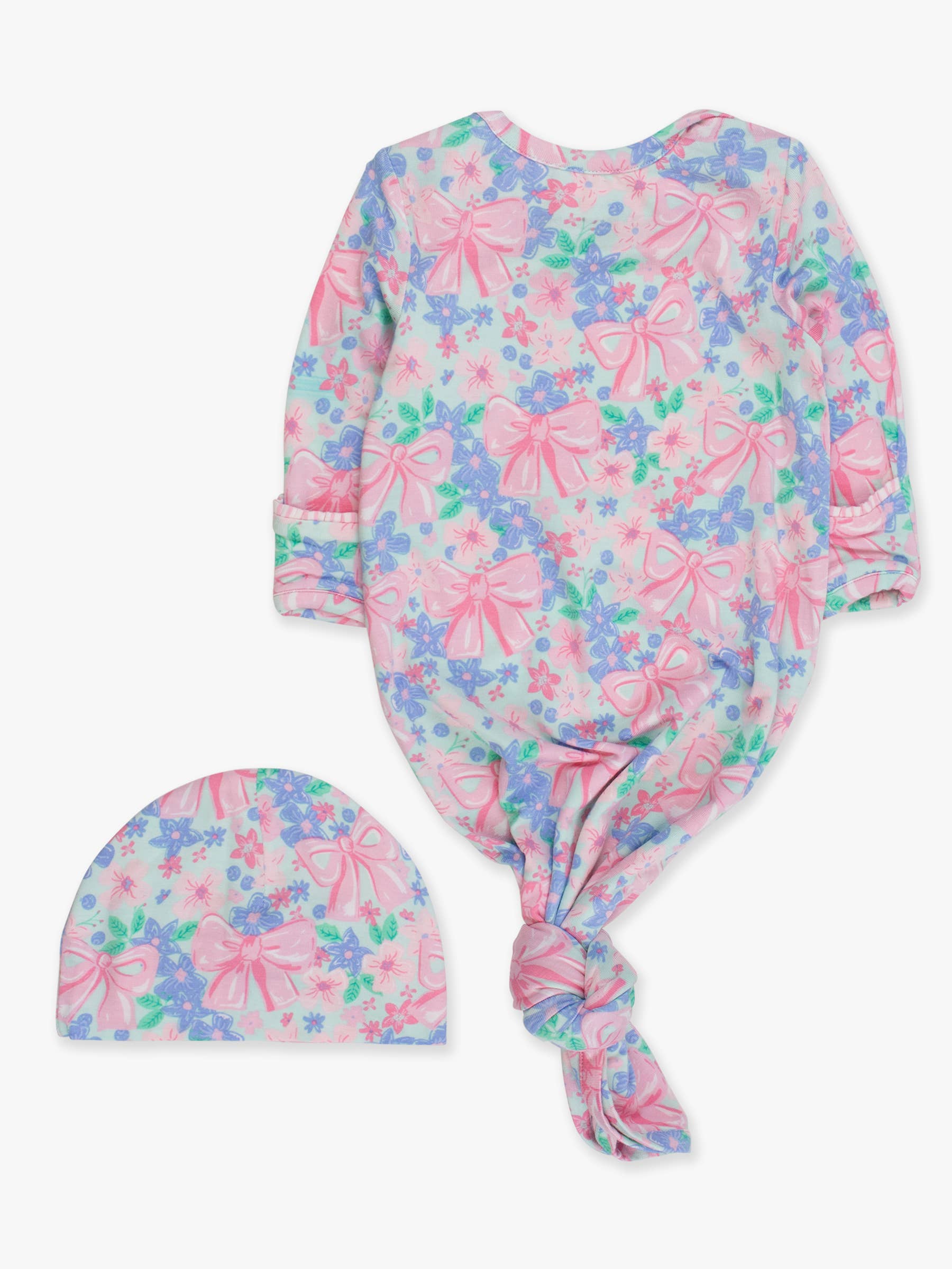 SoftSnooze™ Baby Girls Bow Blooms Ruffle Knotted Sleep Gown & Bow Hat Set - Premium Baby Sleepwear from RuffleButts + RuggedButts - Just $42.95! Shop now at Pat's Monograms