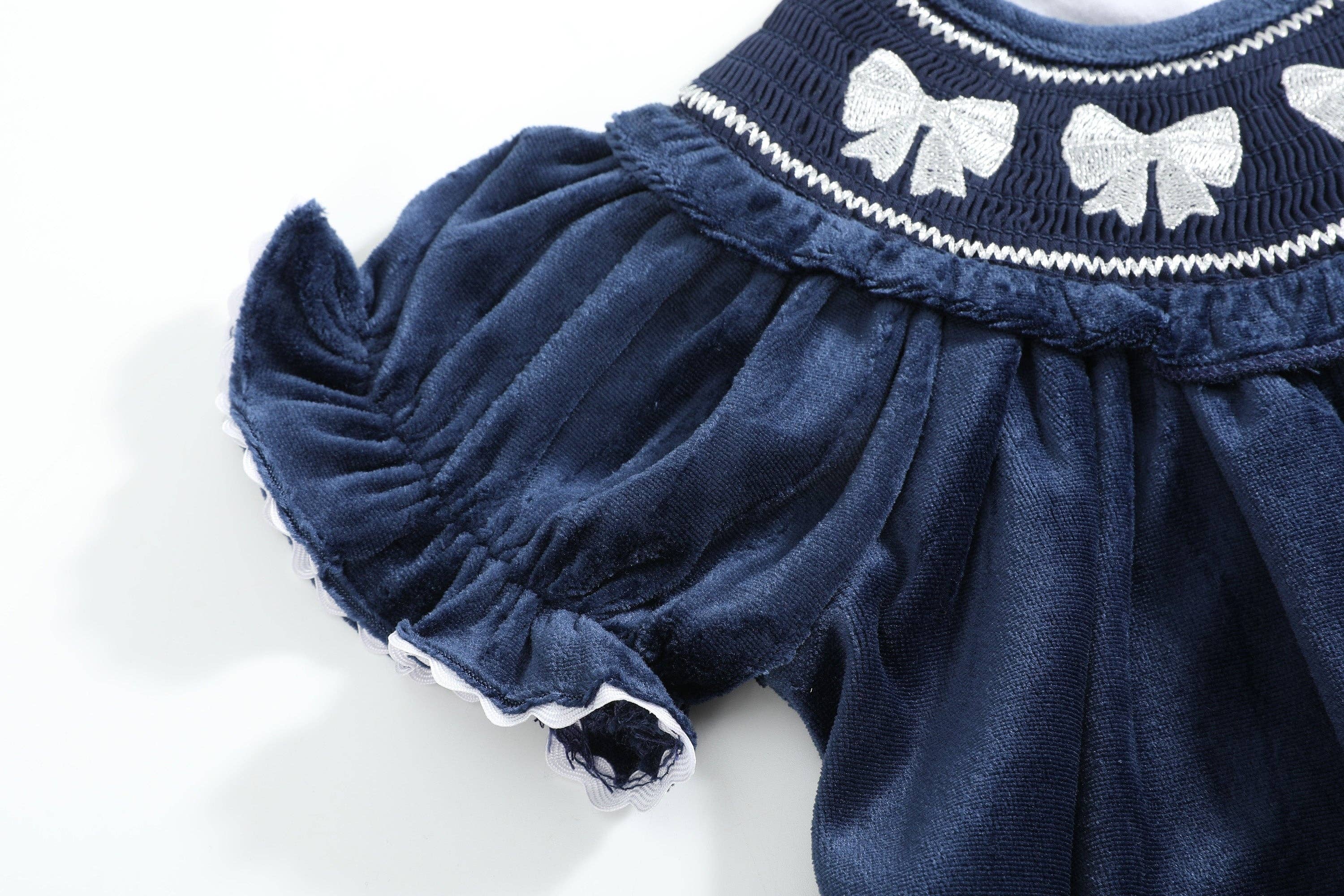 Blue Velvet Silver Bows Smocked Ruffle Bishop Dress - Premium Baby & Toddler Dresses from Lil Cactus - Just $38.95! Shop now at Pat's Monograms