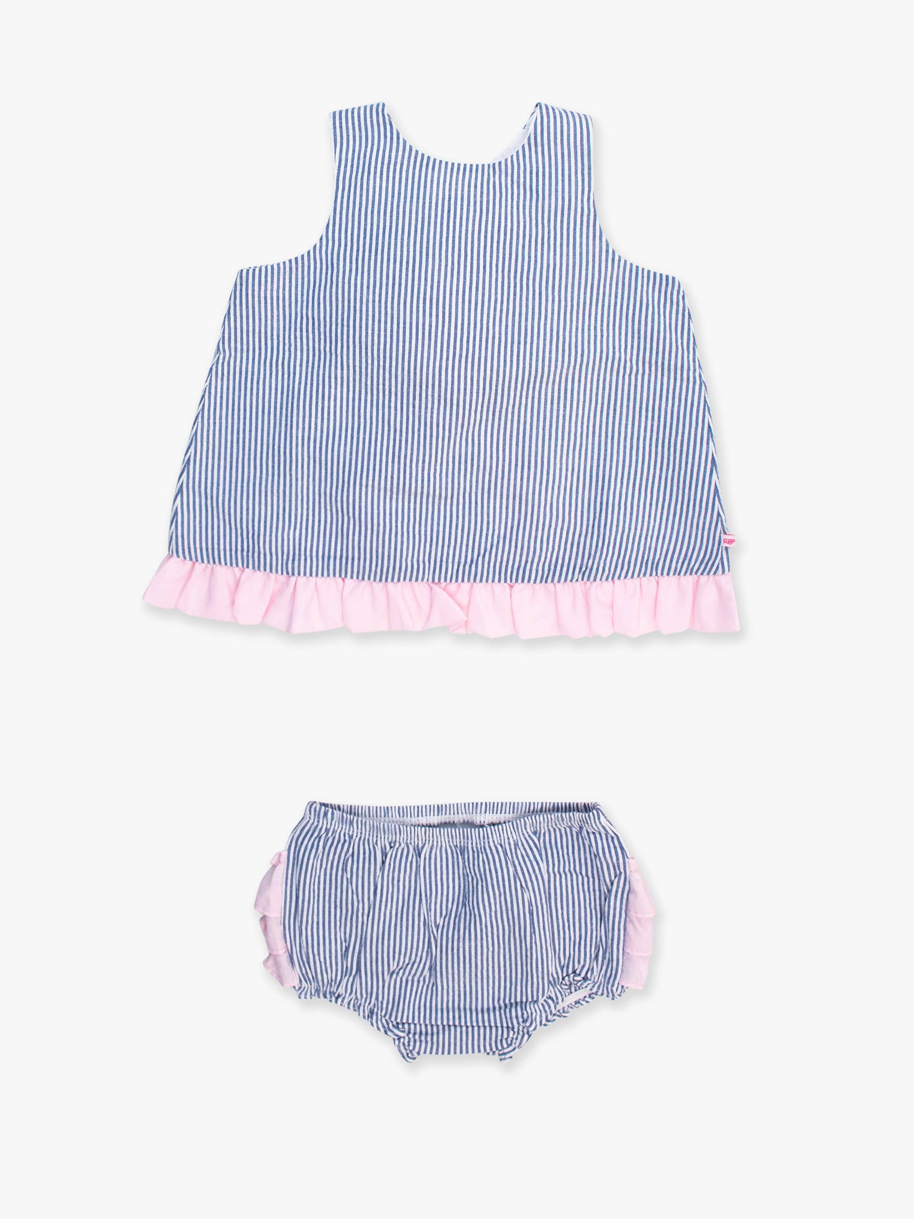 Baby Girls Blue Seersucker Ruffle Swing Top & Bloomer Set - Premium Baby & Toddler Outfits from RuffleButts + RuggedButts - Just $45.95! Shop now at Pat's Monograms