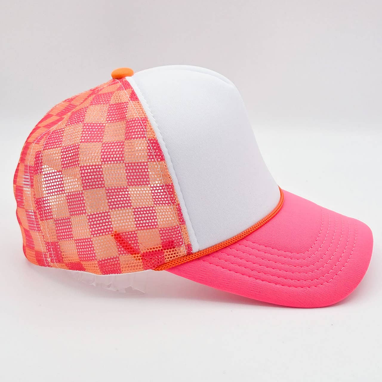 Neon Pink, Orange & White Checkered Foam Trucker Hat - Premium Hats & Caps from Trendy Transfers - Just $14.95! Shop now at Pat's Monograms