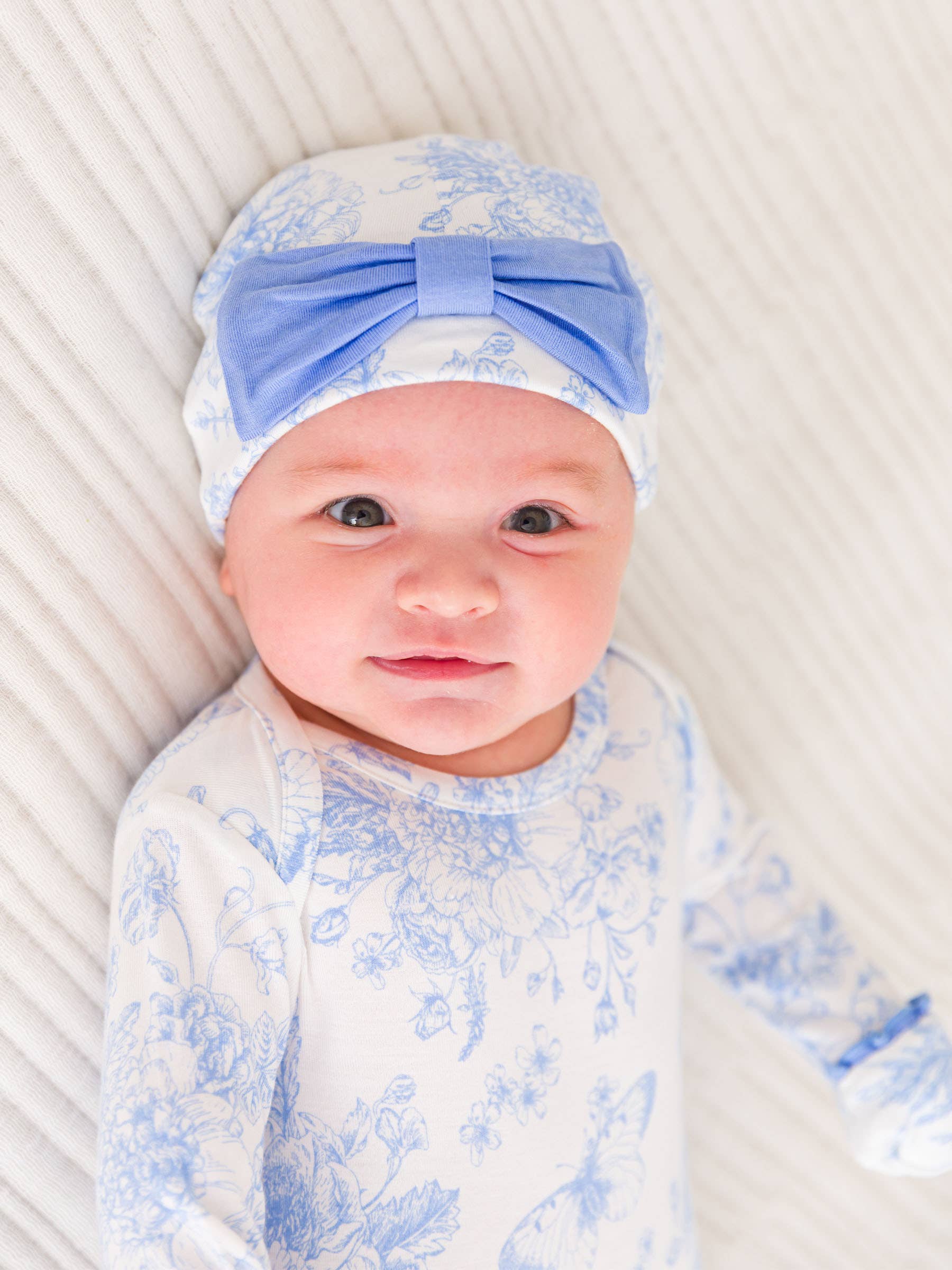 SoftSnooze™ Baby Girls Bamboo Viscose Periwinkle Butterfly Garden Ruffle Knotted Sleep Gown & Bow Hat Set - Premium Baby Sleepwear from RuffleButts + RuggedButts - Just $42.95! Shop now at Pat's Monograms
