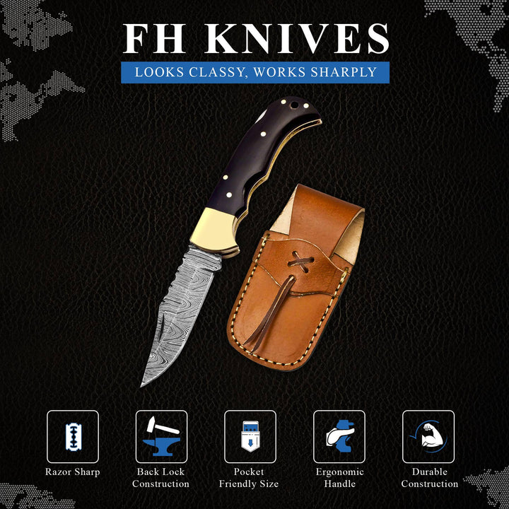 6.5' Handmade damascus folding knife, Pocket Knife - Premium Knives from FH KNIVES - Just $34.95! Shop now at Pat's Monograms