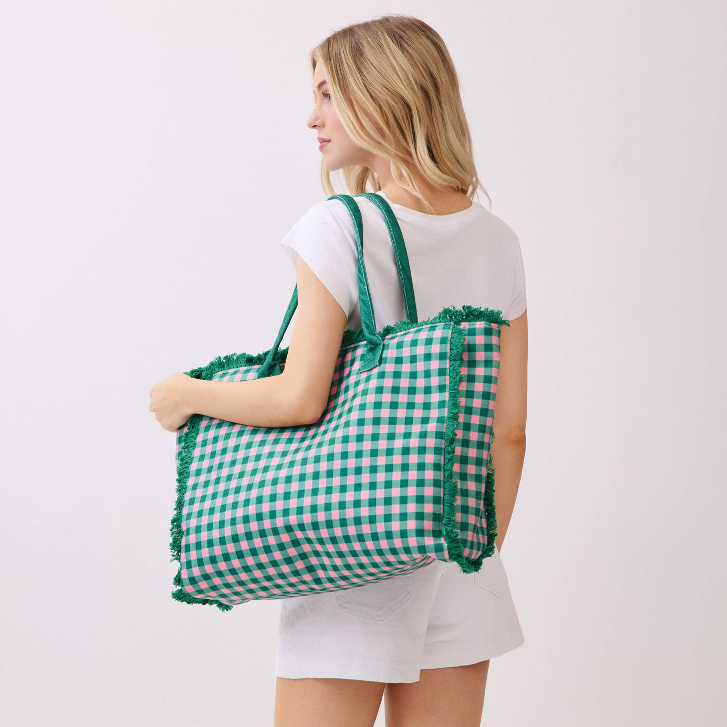 Gingham Check Frayed Trim Tote Bag - Premium tote bag from Hana - Just $22.95! Shop now at Pat's Monograms