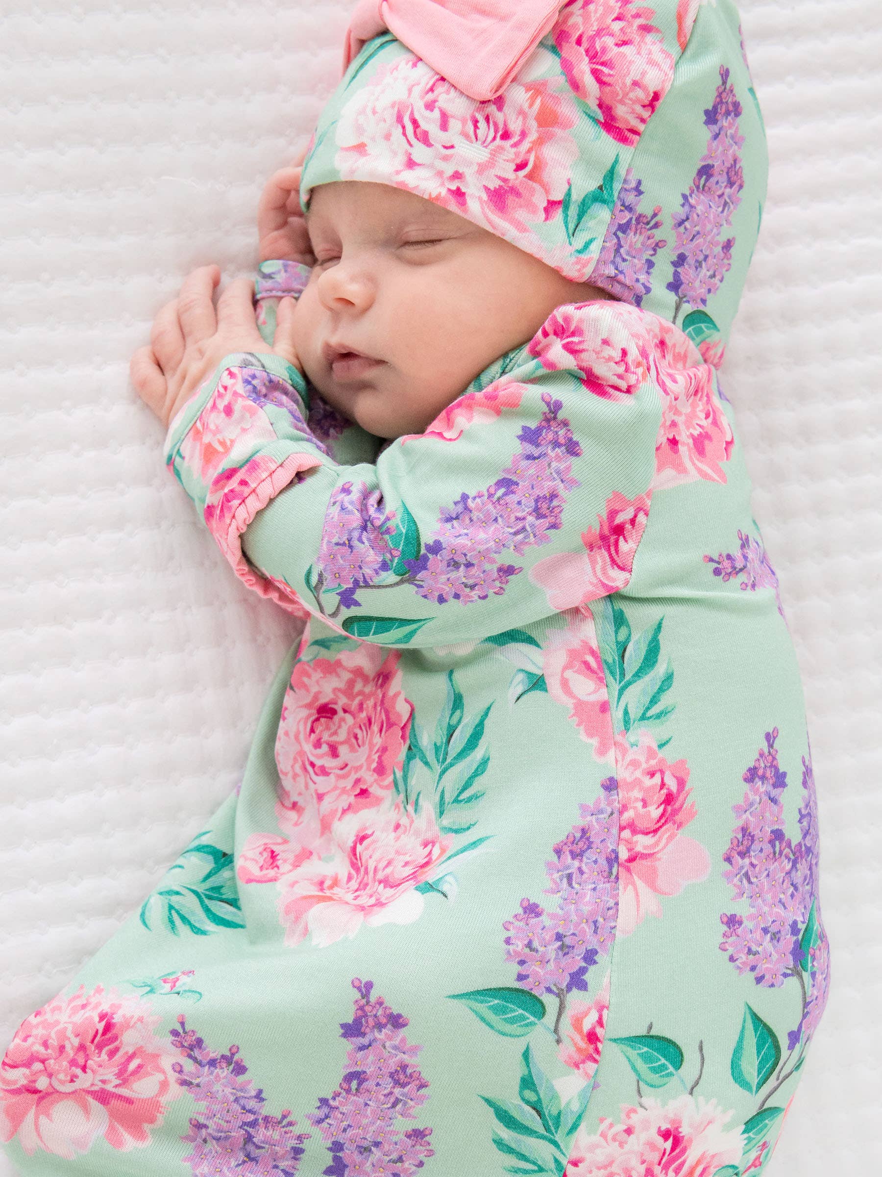 SoftSnooze™ Baby Girls Bamboo Viscose Sage Garden Ruffle Knotted Sleep Gown & Bow Hat Set - Premium Baby Sleepwear from RuffleButts + RuggedButts - Just $42.95! Shop now at Pat's Monograms