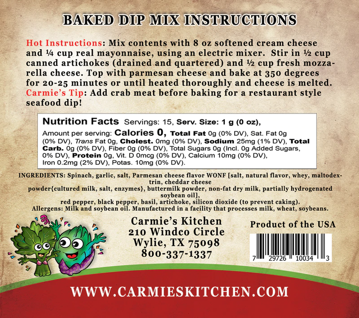 Baked Spinach Artichoke Dip Mix - Premium Dips & Spreads from Carmie's Kitchen - Just $4.50! Shop now at Pat's Monograms