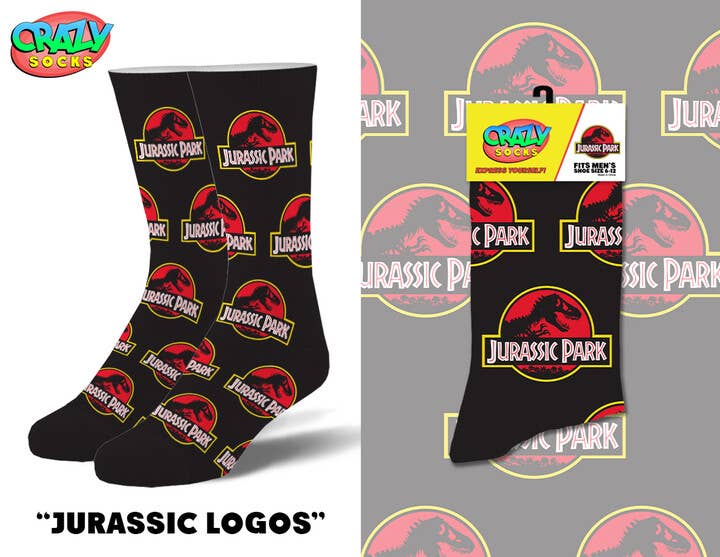 Jurassic Logos Novelty Crew Socks - Premium socks from Crazy Socks - Just $8! Shop now at Pat's Monograms