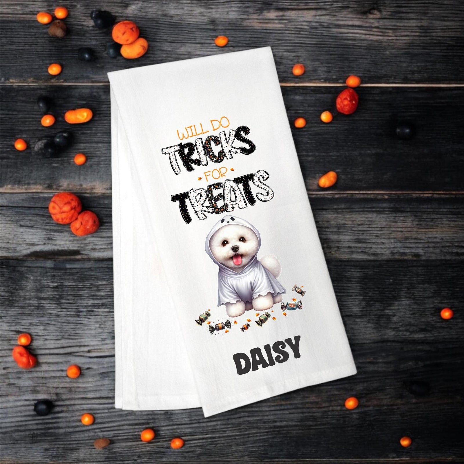 Bichon Frise - Will Do Tricks for Treats Tea Towel - Premium Kitchen Towel from Pat's Monograms - Just $14.95! Shop now at Pat's Monograms