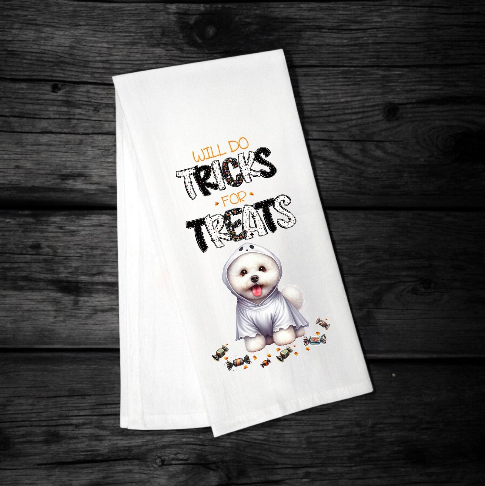Bichon Frise - Will Do Tricks for Treats Tea Towel - Premium Kitchen Towel from Pat's Monograms - Just $14.95! Shop now at Pat's Monograms