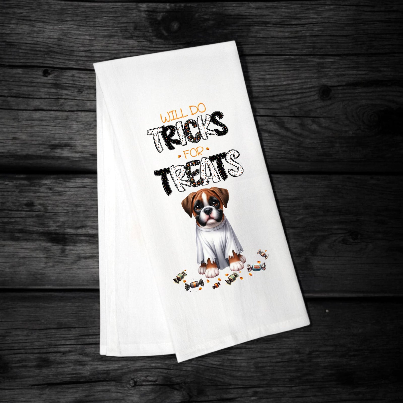 Boxer - Will Do Tricks for Treats Tea Towel - Premium Kitchen Towel from Pat's Monograms - Just $14.95! Shop now at Pat's Monograms