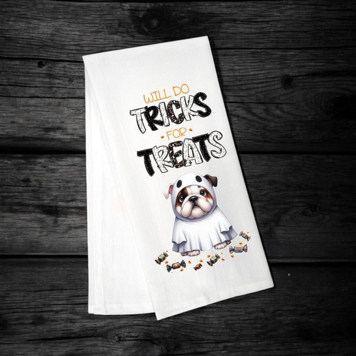 Bulldog - Will Do Tricks for Treats Tea Towel - Premium Kitchen Towel from Pat's Monograms - Just $14.95! Shop now at Pat's Monograms