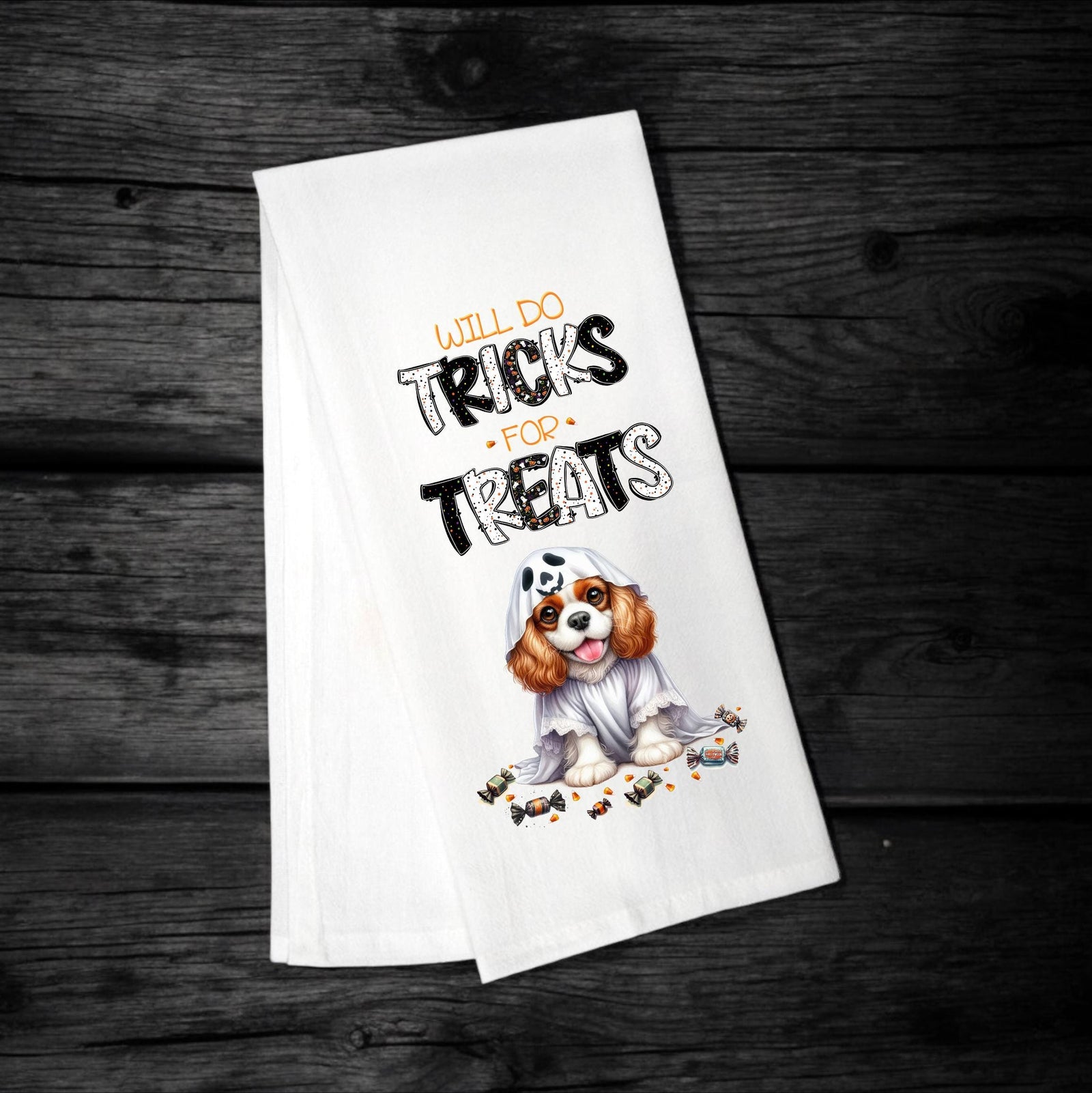 Cavalier King Charles - Will Do Tricks for Treats Tea Towel - Premium Kitchen Towel from Pat's Monograms - Just $14.95! Shop now at Pat's Monograms