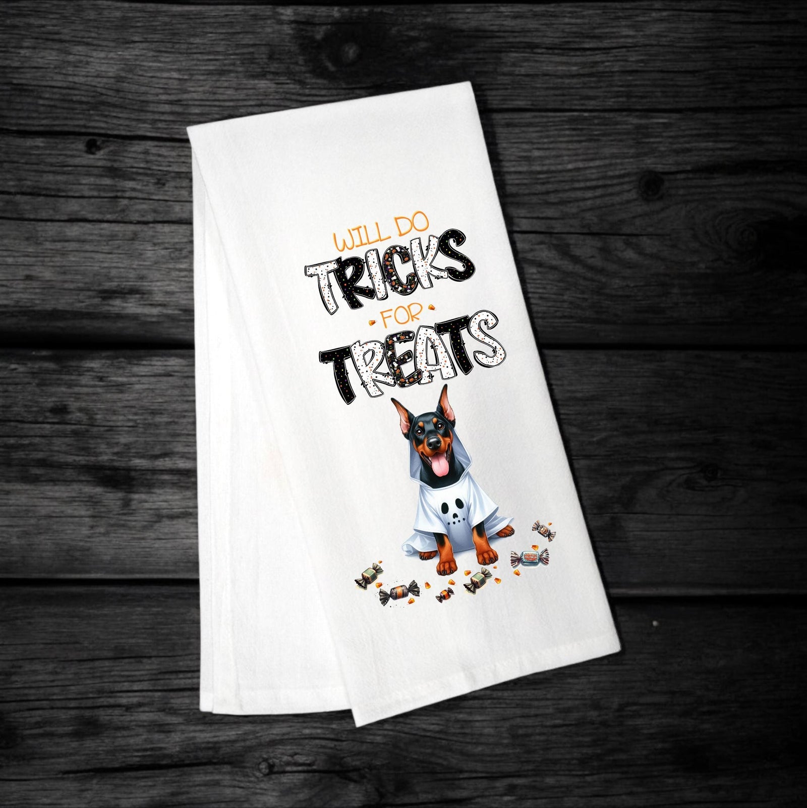 Doberman - Will Do Tricks for Treats Tea Towel - Premium Kitchen Towel from Pat's Monograms - Just $14.95! Shop now at Pat's Monograms