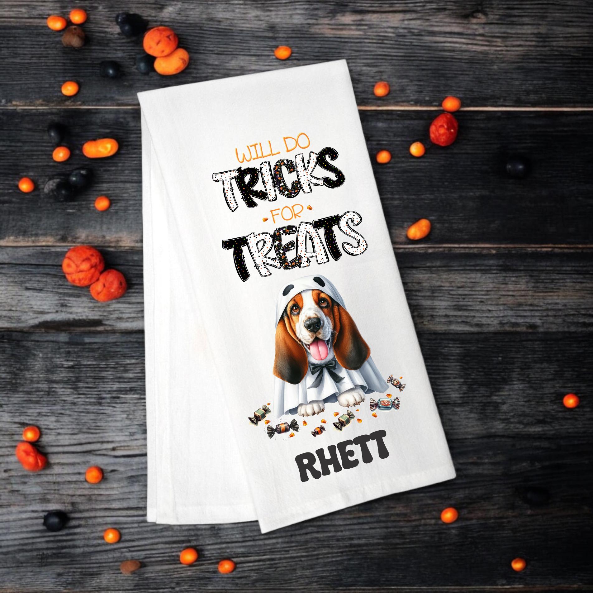 Basset Hound, Will Do Tricks for Treats Tea Towel, Basset Mom, Kitchen Towel, Dish Towel, Flour Sack Towel, Dog Lover Gift - Premium  from Pat's Monograms - Just $15.22! Shop now at Pat's Monograms