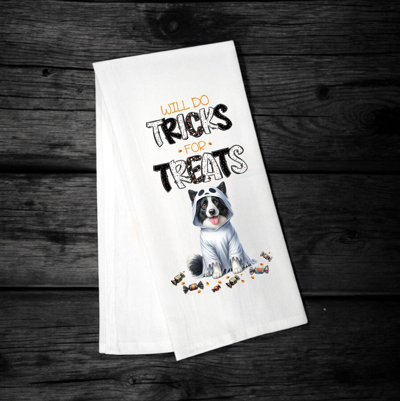 Border Collie - Will Do Tricks for Treats Tea Towel - Premium Kitchen Towel from Pat's Monograms - Just $14.95! Shop now at Pat's Monograms
