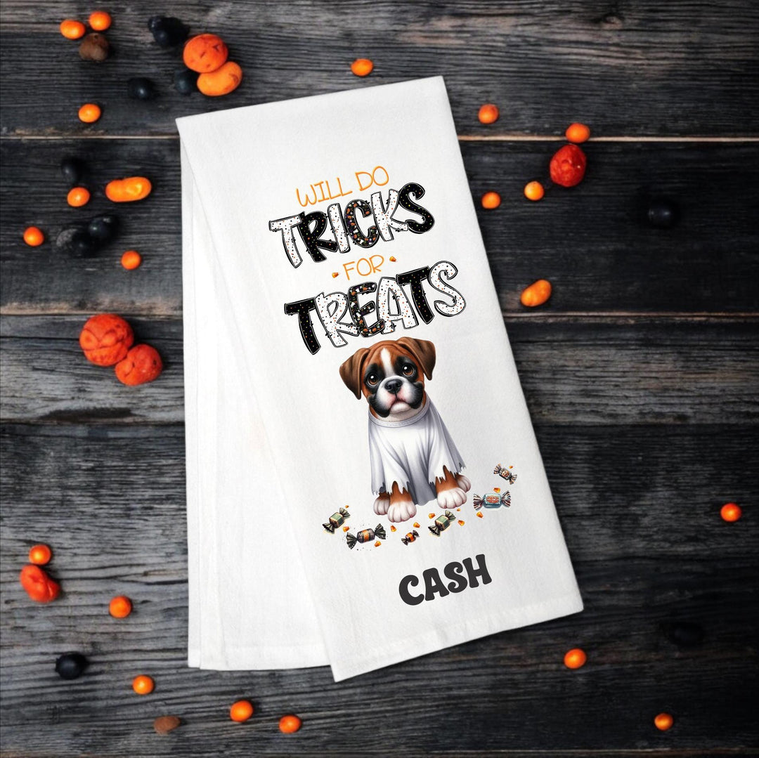 Boxer - Will Do Tricks for Treats Tea Towel - Premium Kitchen Towel from Pat's Monograms - Just $14.95! Shop now at Pat's Monograms
