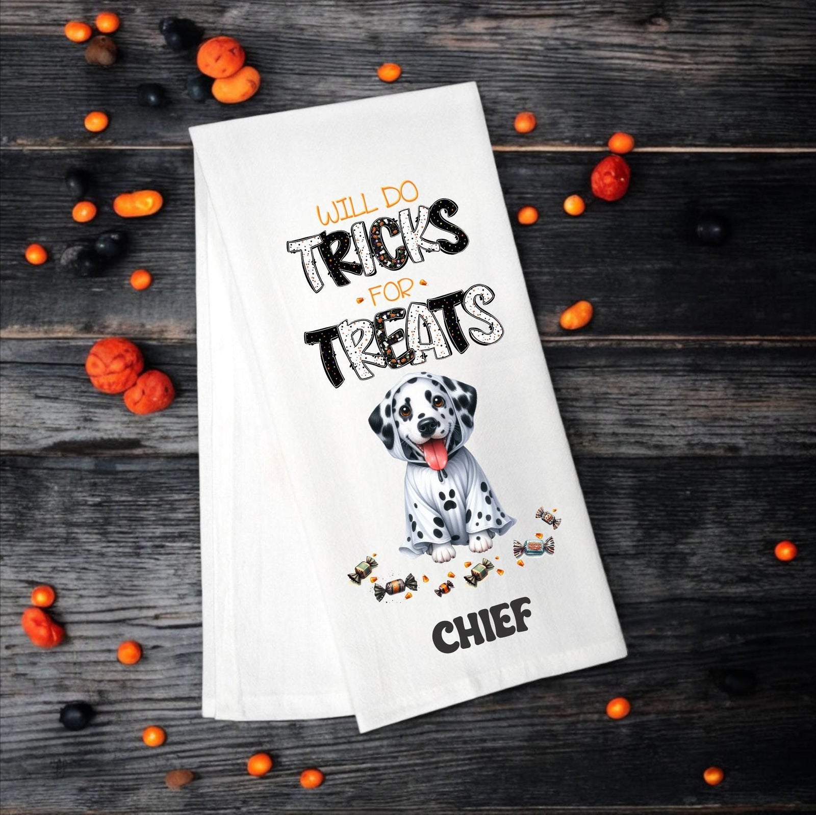 Dalmatian - Will Do Tricks for Treats Tea Towel - Premium Kitchen Towel from Pat's Monograms - Just $14.95! Shop now at Pat's Monograms