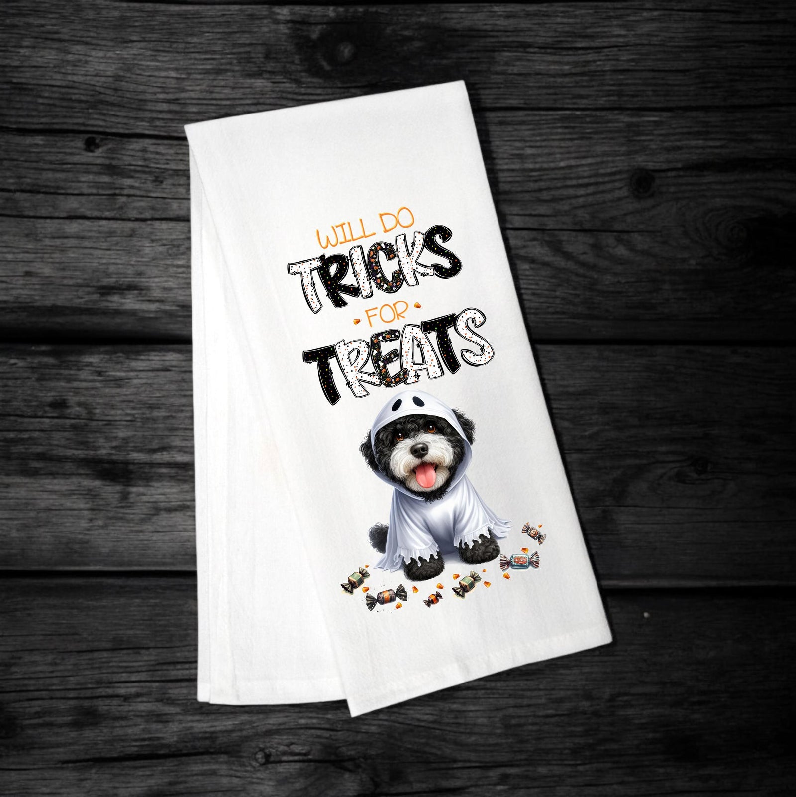 Portuguese Water Dog - Will Do Tricks for Treats Tea Towel - Premium Kitchen Towel from Pat's Monograms - Just $14.95! Shop now at Pat's Monograms