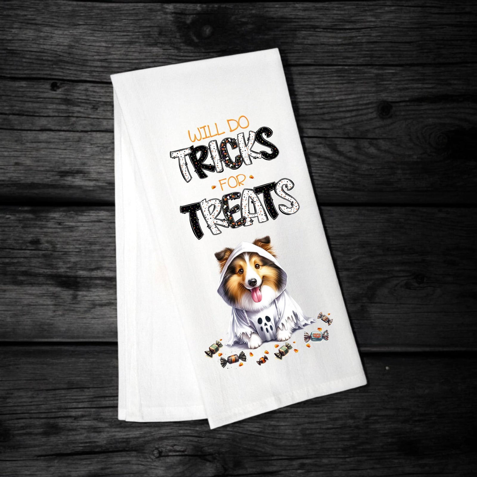 Sheltie - Will Do Tricks for Treats Tea Towel - Premium Kitchen Towel from Pat's Monograms - Just $14.95! Shop now at Pat's Monograms