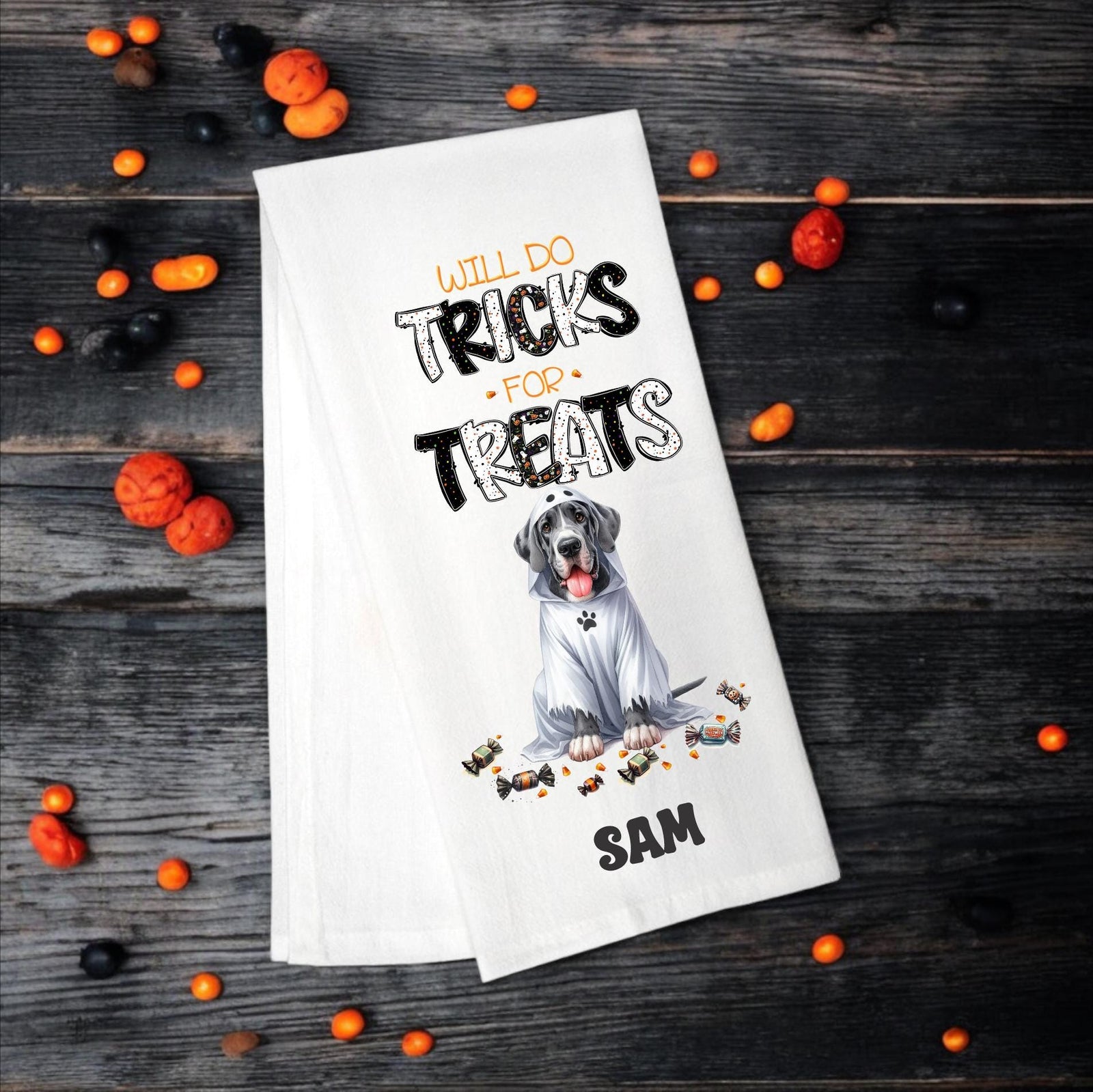 Great Dane - Will Do Tricks for Treats Tea Towel - Premium Kitchen Towel from Pat's Monograms - Just $14.95! Shop now at Pat's Monograms