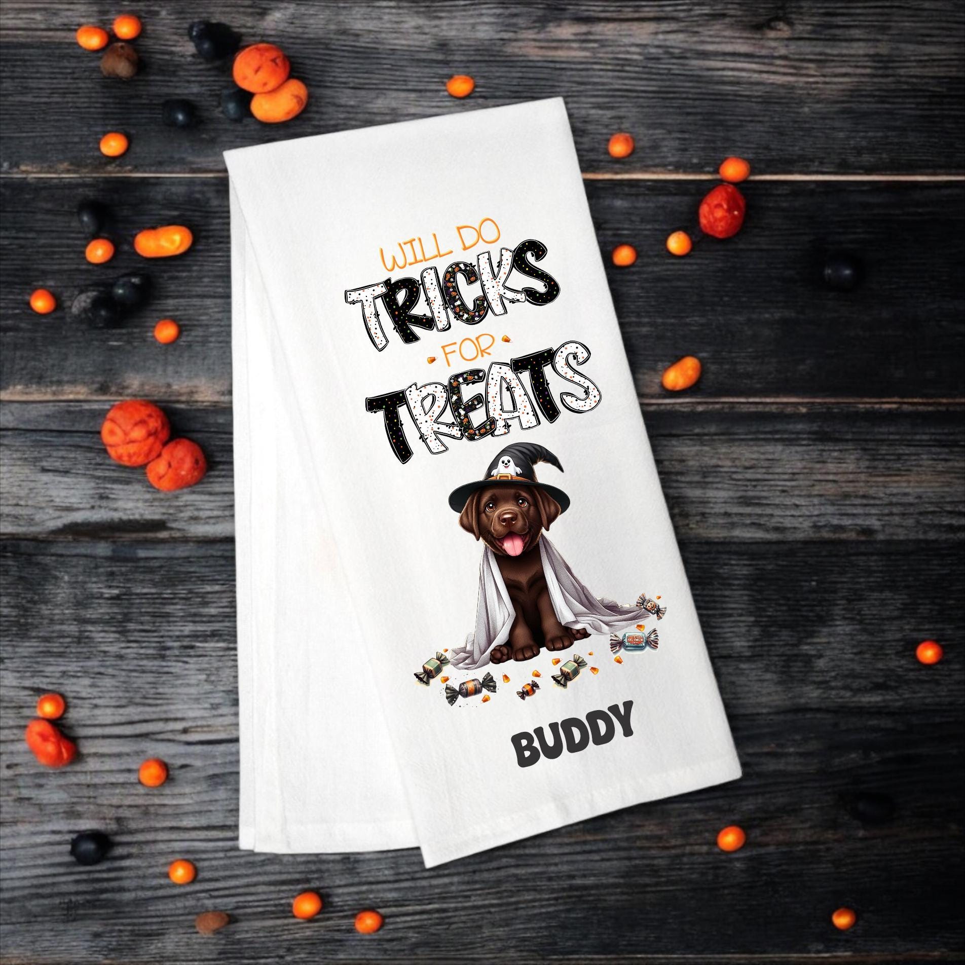 Chocolate Labrador - Will Do Tricks for Treats Tea Towel - Premium Kitchen Towel from Pat's Monograms - Just $14.95! Shop now at Pat's Monograms