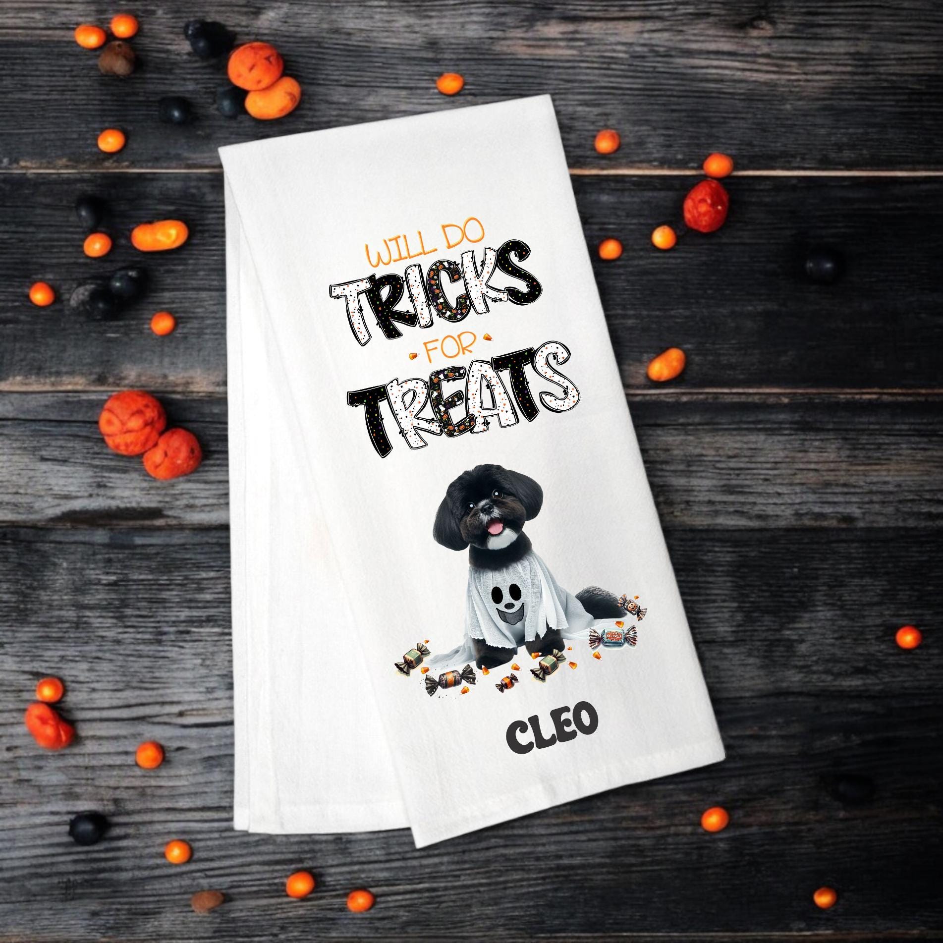 Black Shih Tzu - Will Do Tricks for Treats Tea Towel - Premium Kitchen Towel from Pat's Monograms - Just $14.95! Shop now at Pat's Monograms