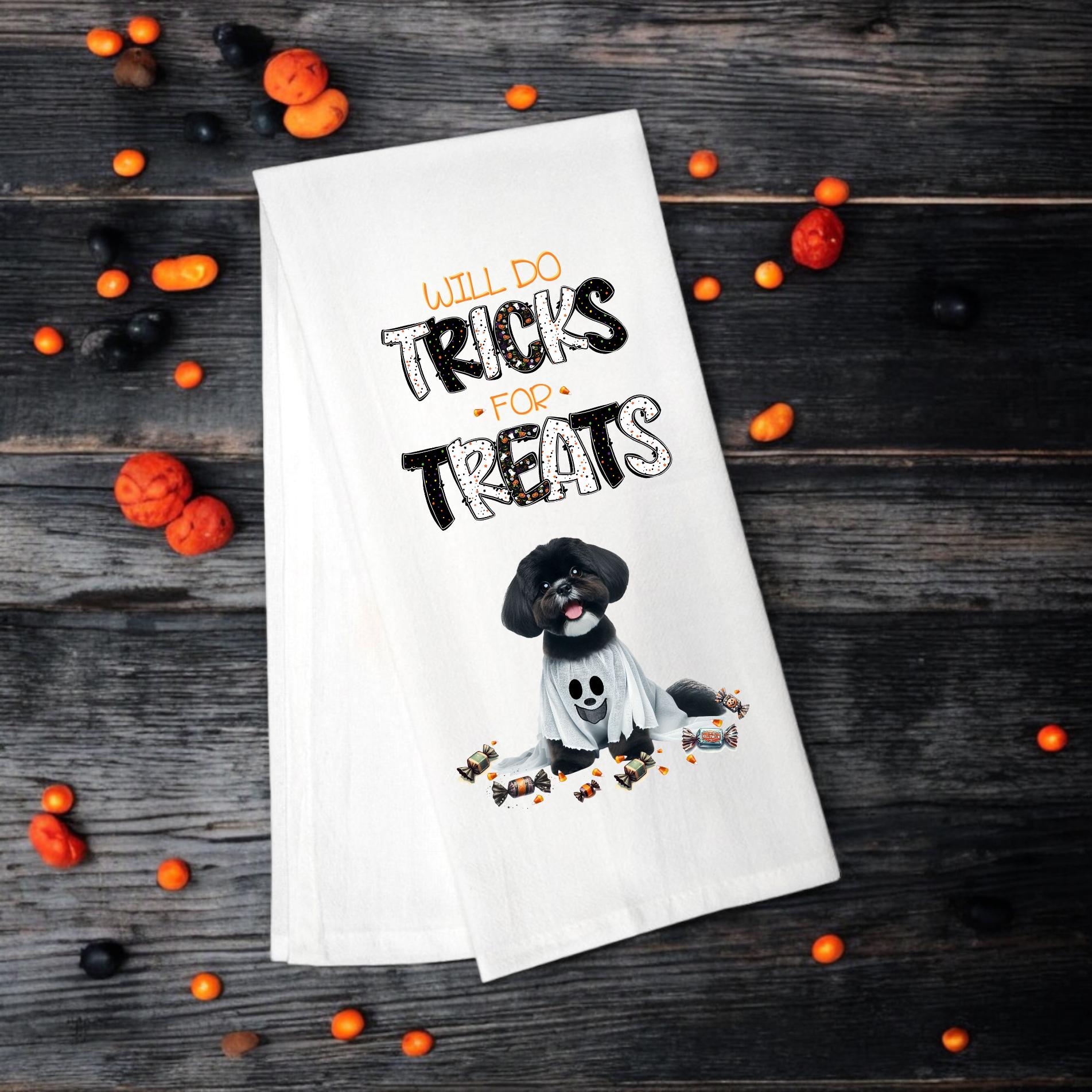 Black Shih Tzu - Will Do Tricks for Treats Tea Towel - Premium Kitchen Towel from Pat's Monograms - Just $14.95! Shop now at Pat's Monograms