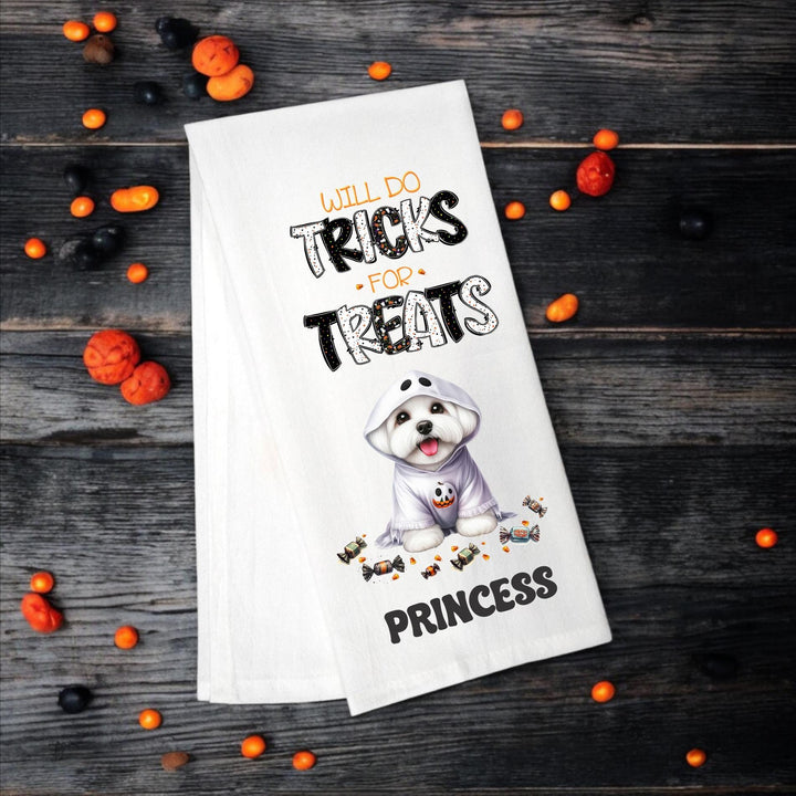 Maltese - Will Do Tricks for Treats Tea Towel - Premium Kitchen Towel from Pat's Monograms - Just $14.95! Shop now at Pat's Monograms