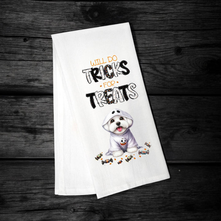 Maltese - Will Do Tricks for Treats Tea Towel - Premium Kitchen Towel from Pat's Monograms - Just $14.95! Shop now at Pat's Monograms