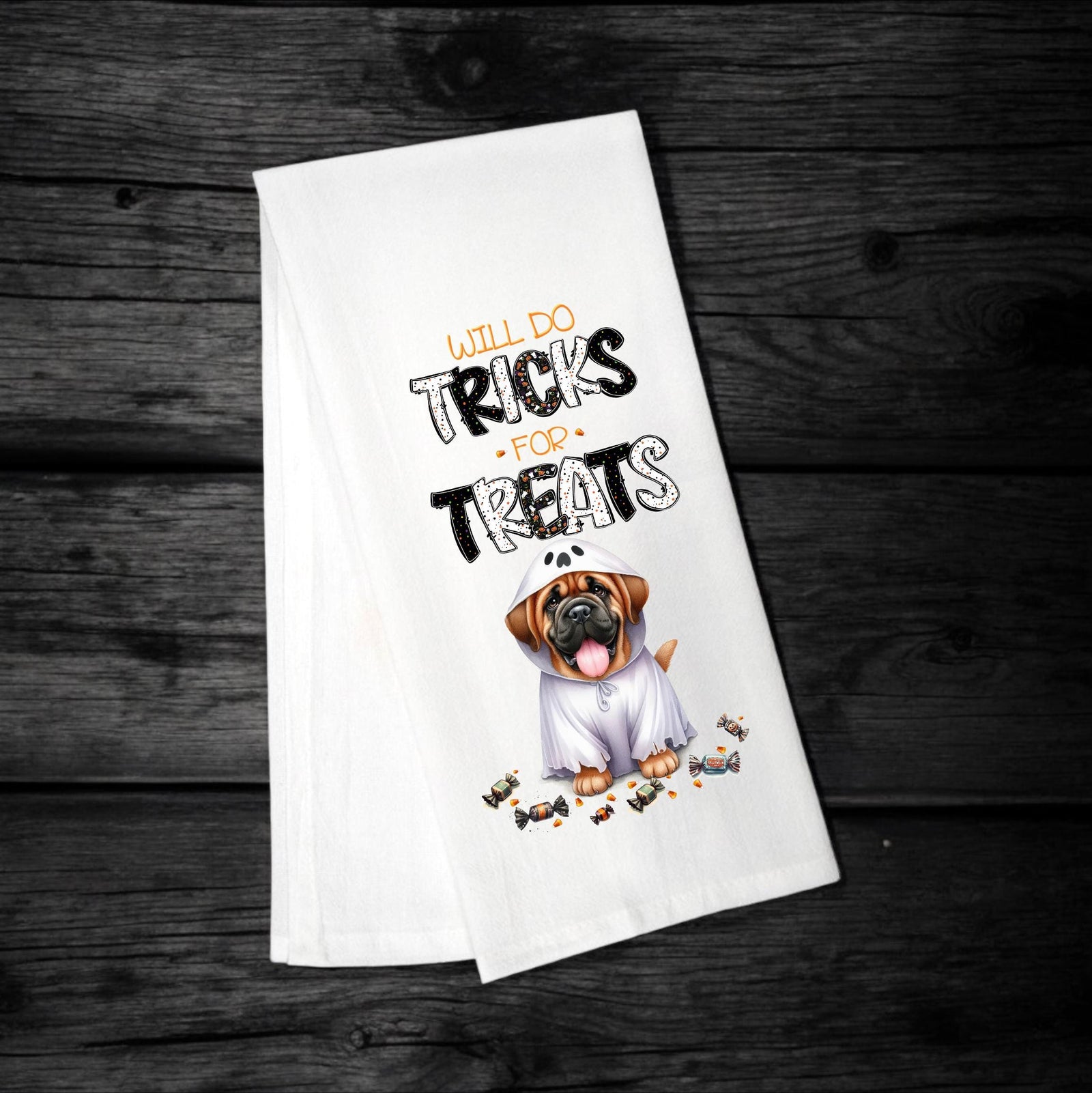 Mastiff - Will Do Tricks for Treats Tea Towel - Premium Kitchen Towel from Pat's Monograms - Just $14.95! Shop now at Pat's Monograms