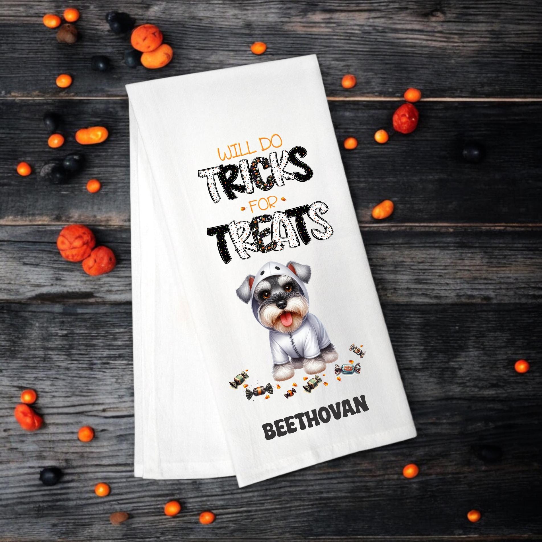 Miniature Schnauzer - Will Do Tricks for Treats Tea Towel - Premium Kitchen Towel from Pat's Monograms - Just $14.95! Shop now at Pat's Monograms