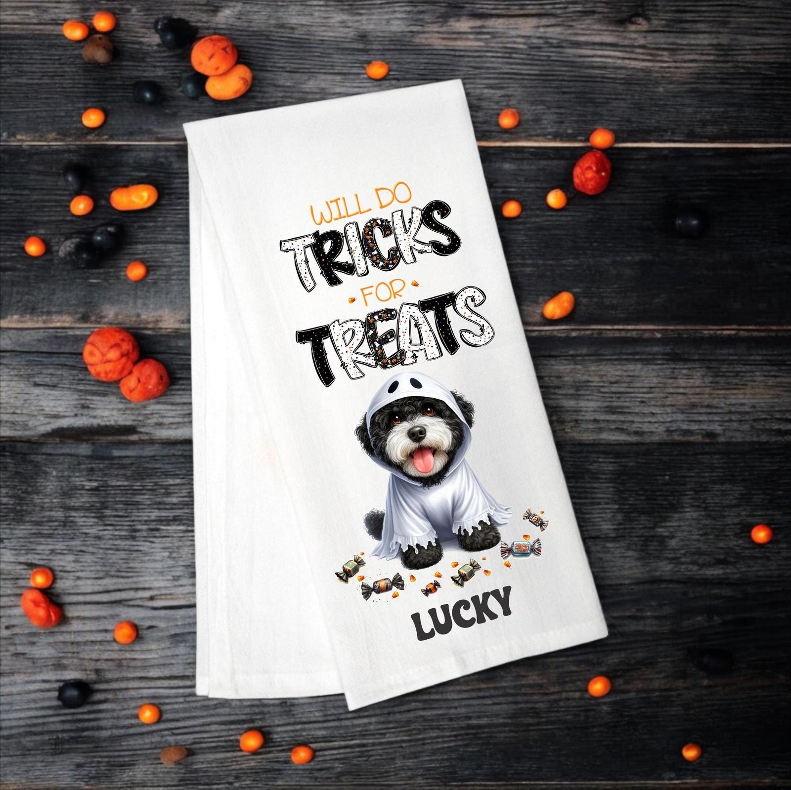Portuguese Water Dog - Will Do Tricks for Treats Tea Towel - Premium Kitchen Towel from Pat's Monograms - Just $14.95! Shop now at Pat's Monograms