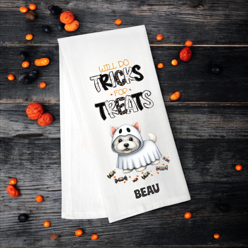 Westie - Will Do Tricks for Treats Tea Towel - Premium Kitchen Towel from Pat's Monograms - Just $14.95! Shop now at Pat's Monograms
