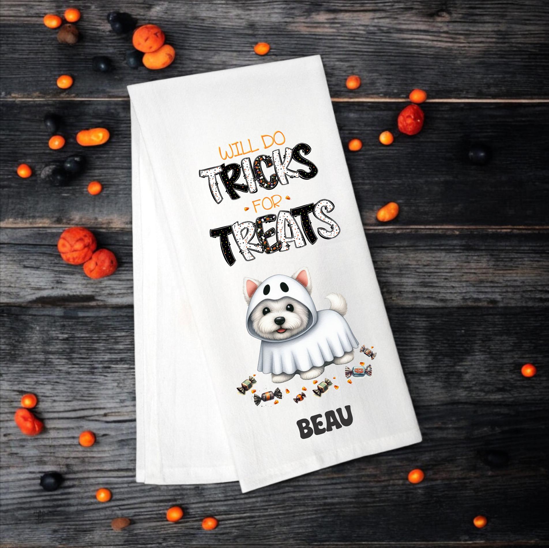 Westie - Will Do Tricks for Treats Tea Towel - Premium Kitchen Towel from Pat's Monograms - Just $14.95! Shop now at Pat's Monograms